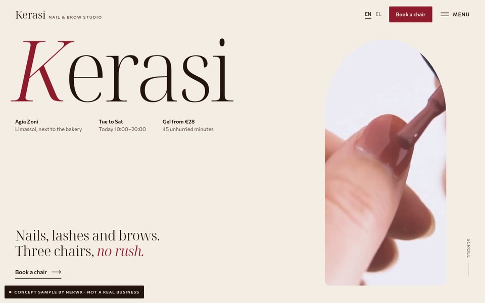 Kerasi nail and brow studio (concept) website, designed by Nerwx
